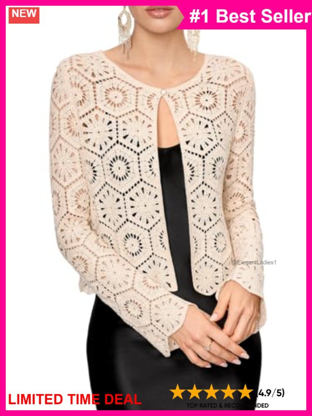 One-Button Crochet Cardigan Vintage Cropped Shrug Cotton